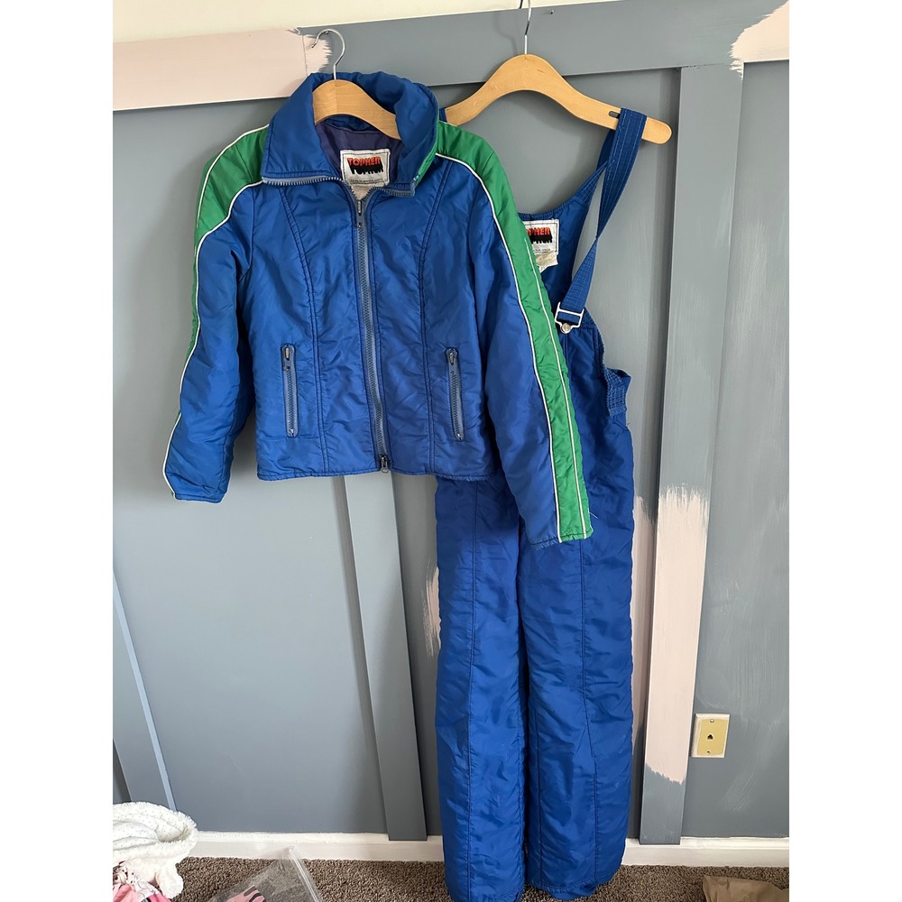Vintage Topher Ski Suit Set Blue Green Jacket Bib Overalls Women Retro 2 Piece